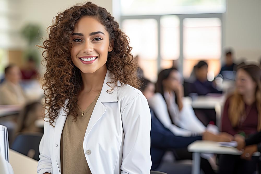 Female healthcare professional in white lab coat.