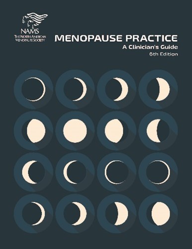 Black book cover titled Menopause Practice with various stages of the moon from sliver to full.