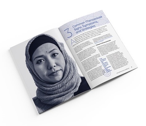 Middle spread of a magazine illustrating an informative article on one side and a woman with scarf wrapped around her head on the opposite page.